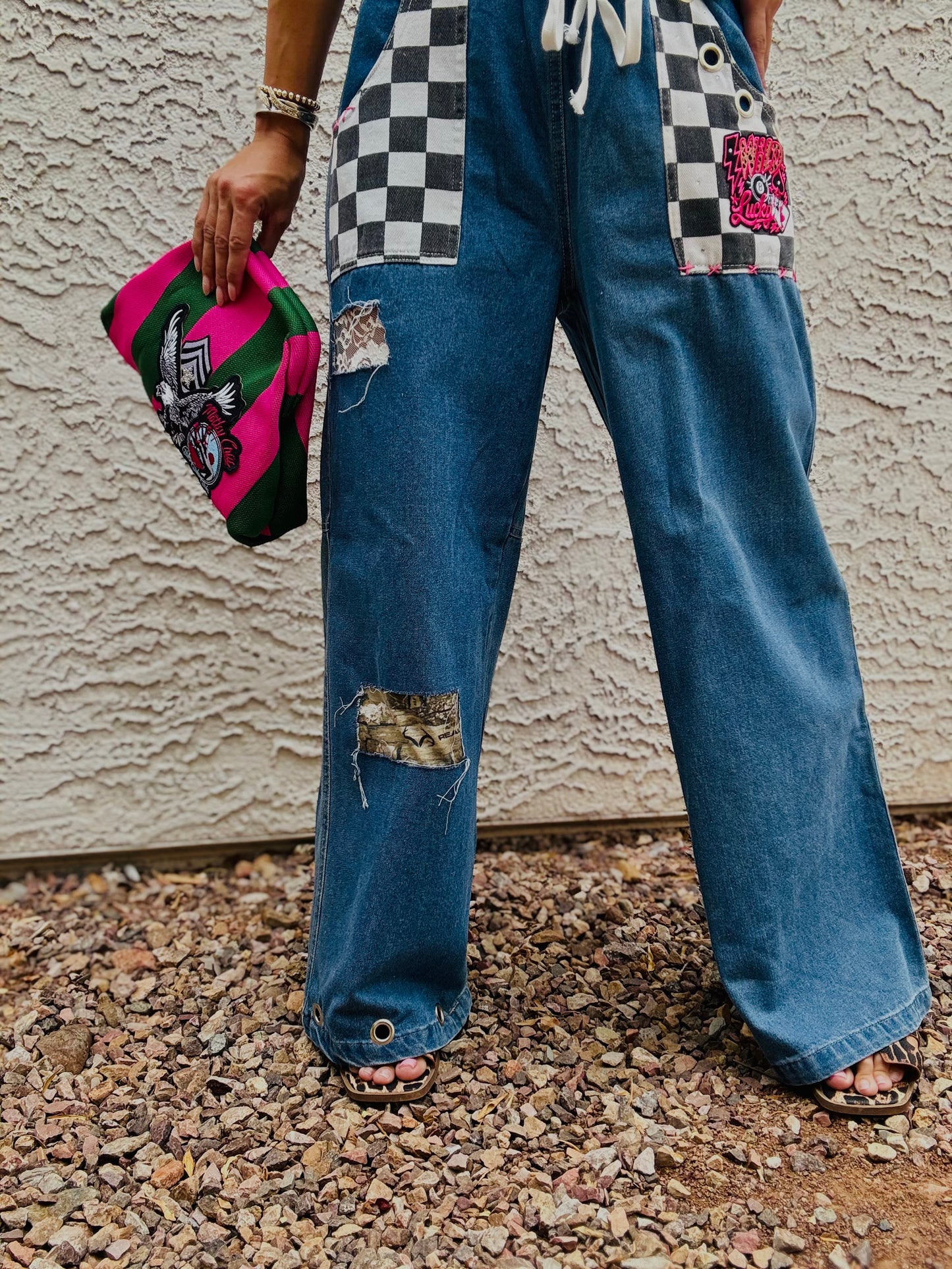 AUG- WILD LUCKY PINK CAMO LACE REWORK WIDE LEG LIGHT DENIM- SIZE MEDIUM ELASTIC WAIST BAND AND DRAW STRING