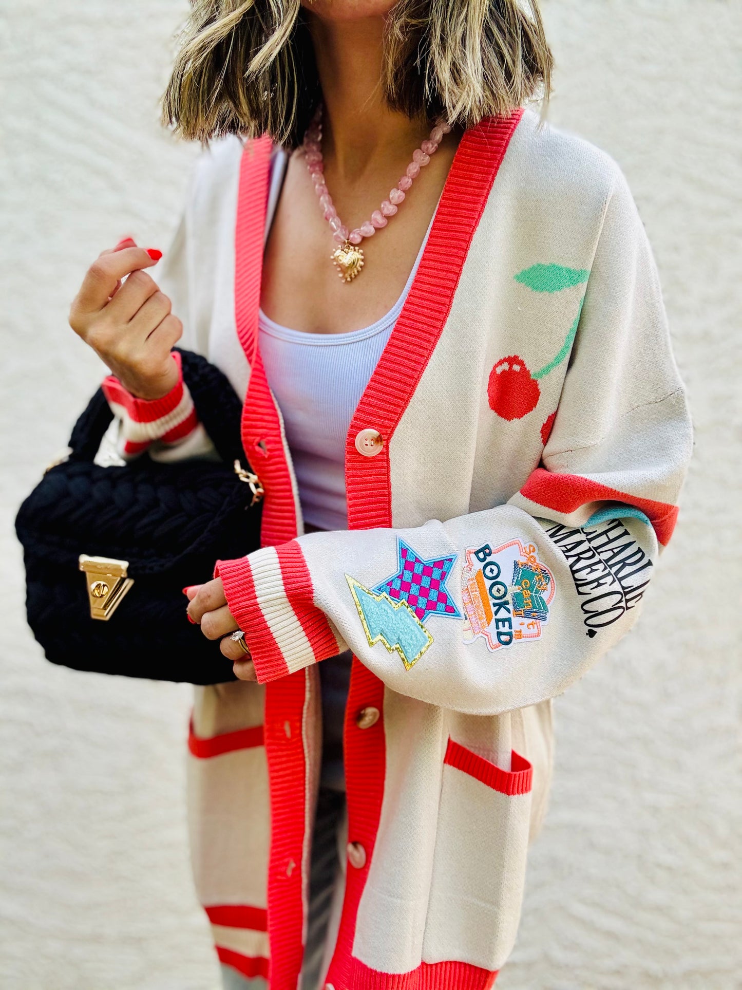 BBH-CHERRY BOMBER CARDIGAN +sorry I’m BOOKED  +￼ CM CO. babes