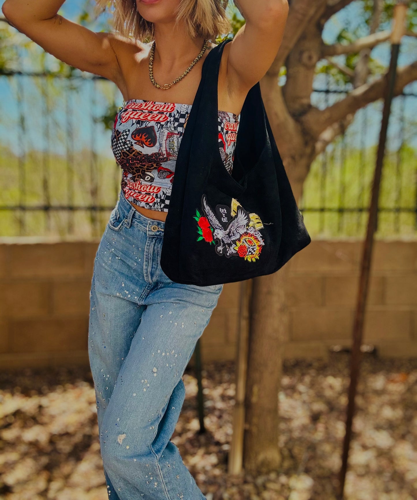 RTS-RED Wild thang eagle   - Light vegan suede structured hobo tote