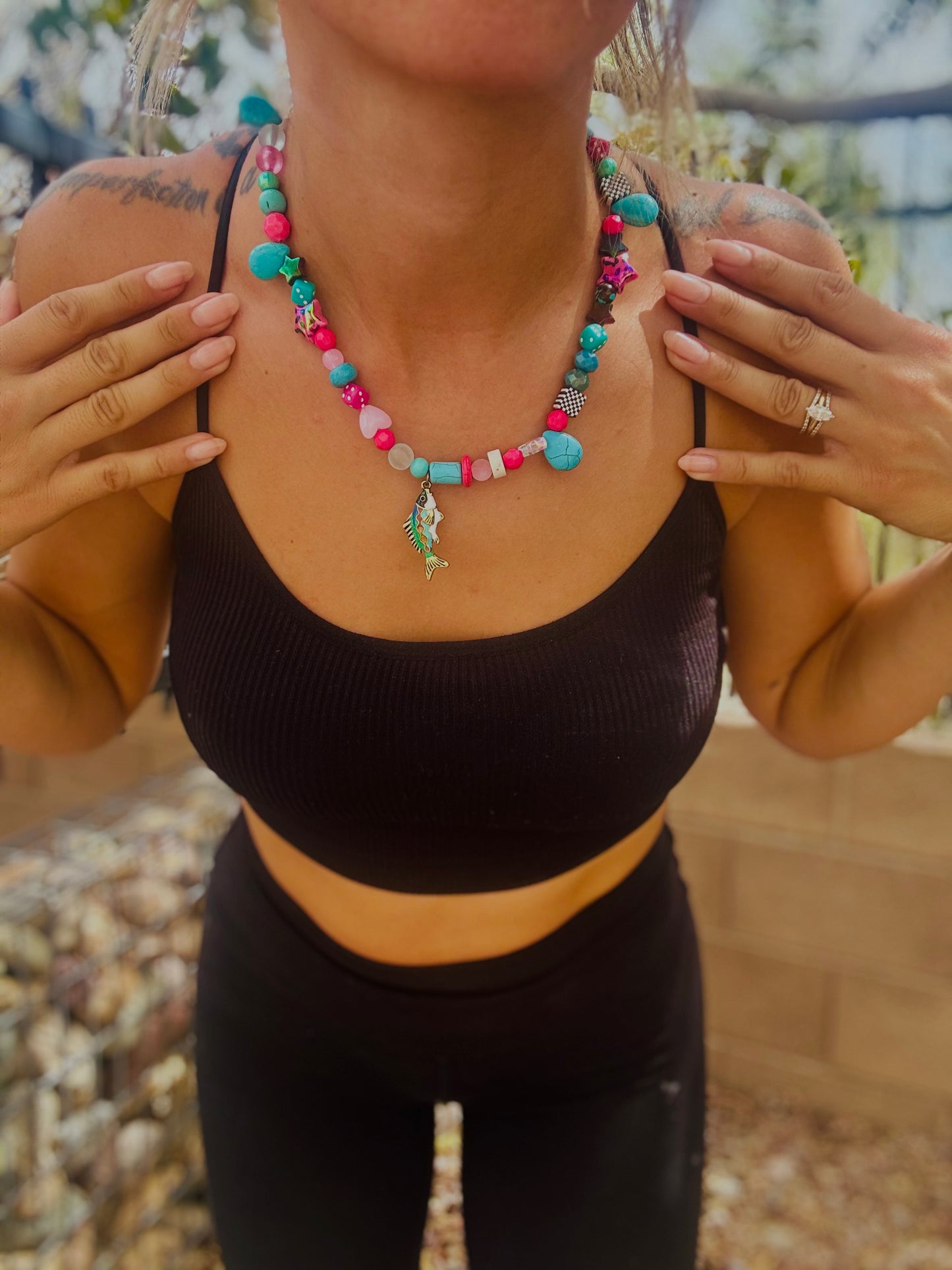 NC- declans creation pink and turquoise bass fish +Handmade chunky beaded necklace