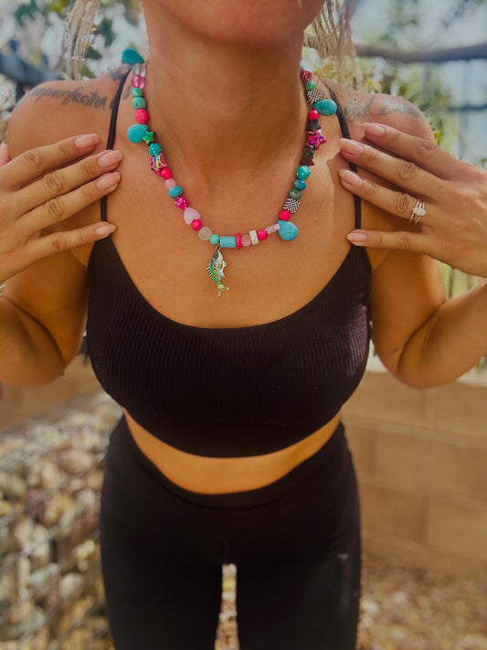 NC- declans creation pink and turquoise bass fish +Handmade chunky beaded necklace