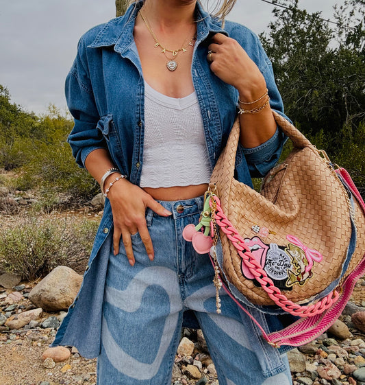 NY-day you deserve pink and denim babe+ denim snaffle bit and checkered *CHANDLER BAG**