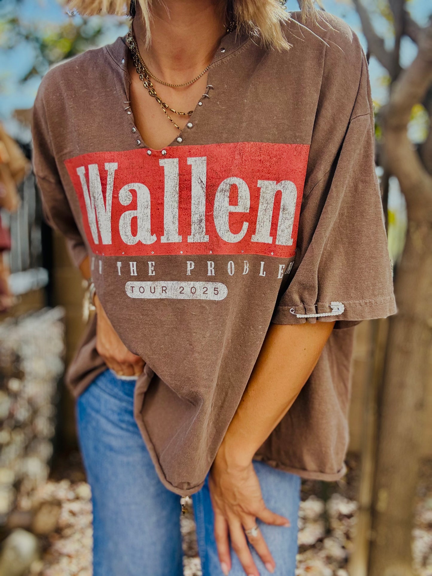 TEE-PROBLEM BAND  BEADED COLLAR VINTAGE GREY +DAD TEE XL CROPPED OPEN BACK CHAINS
