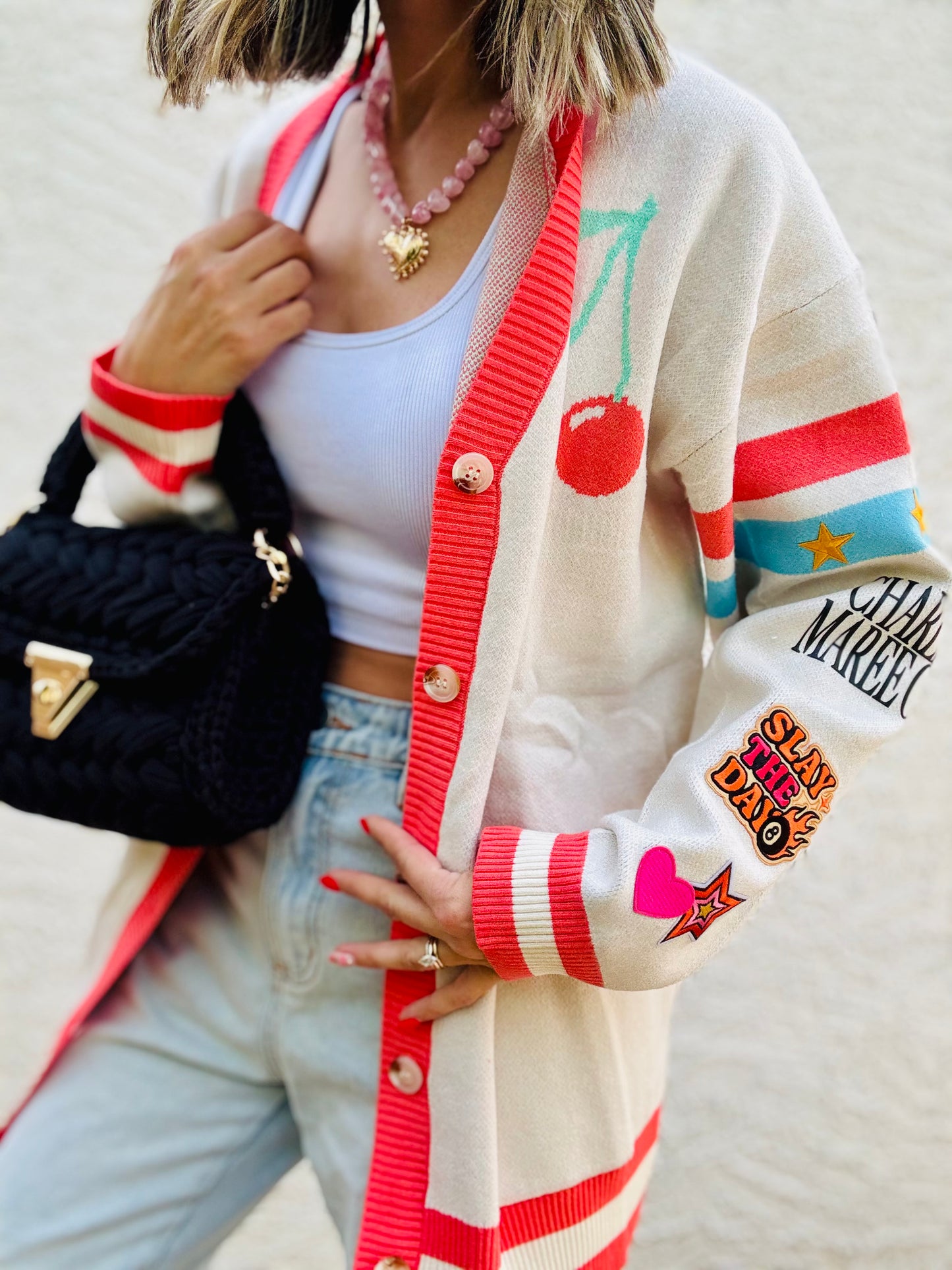 BBH-CHERRY BOMBER CARDIGAN + slay the day retro babe  +￼ CM CO. babes