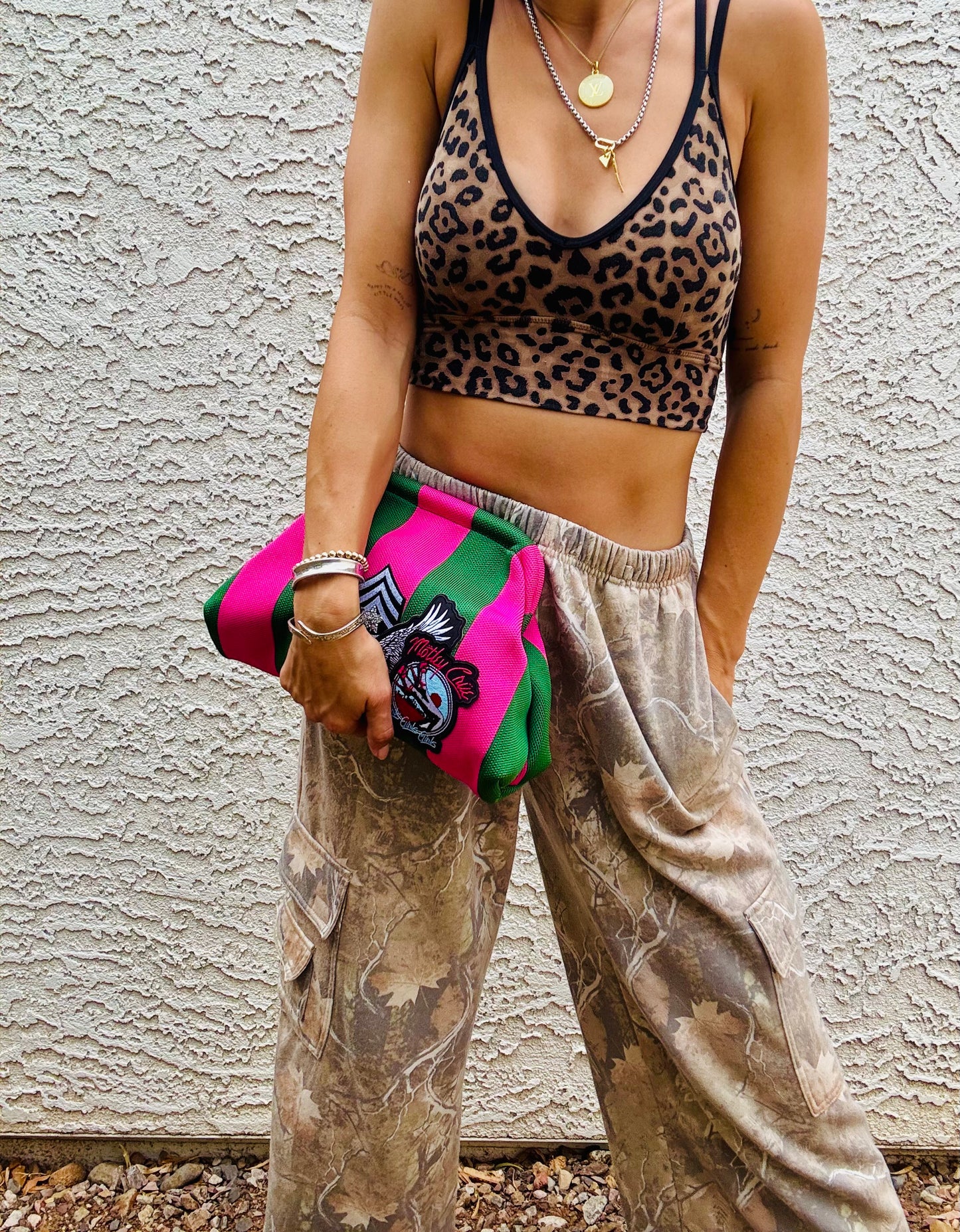 AUGBAG-PINK AND GREEN EAGLE BAND BADDIE+ LIZZIE CLUTCH - has loops inside to add a strap kiss snap closure
