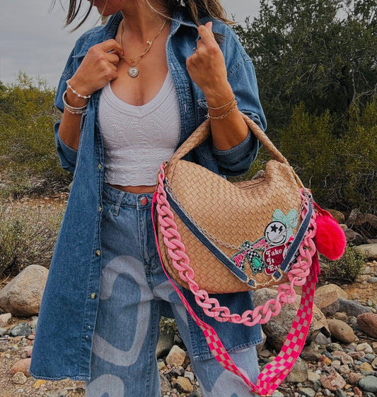 NY-take it easy Pink Bombshell+ denim snaffle bit and checkered *CHANDLER BAG**