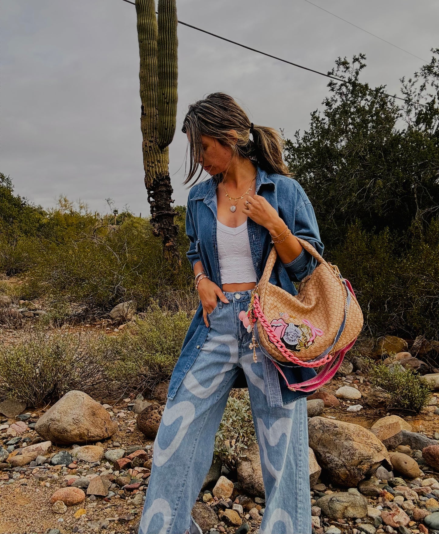 NY-day you deserve pink and denim babe+ denim snaffle bit and checkered *CHANDLER BAG**