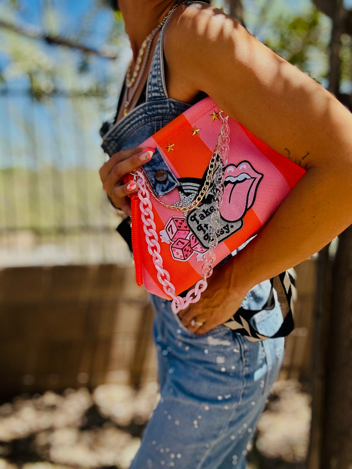 RG-take it easy wrangler denim patch work  +** pink and orange stripe LIZZIE KISS CLUTCH￼** WITH STRAP