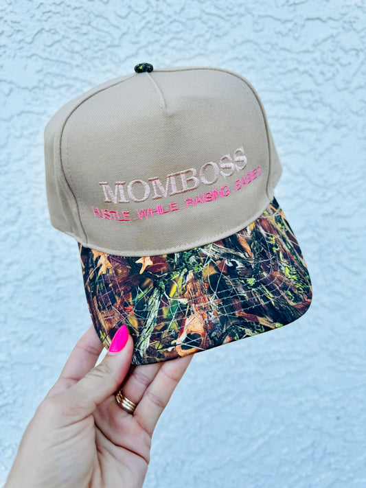 CT-HUSTLE WHILE RAISING BABIES MOM. BOSS. * CAMO two tone canvas SNAPBACK TRUCKER