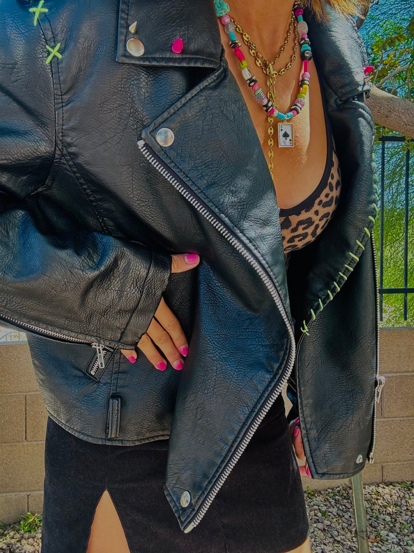 CD-neon book baddie  - Size MEDIUM loose crop leather jacket