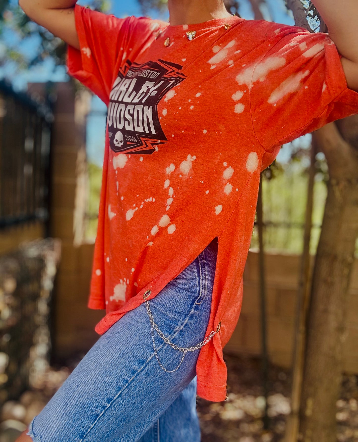 TEE-rhinestones baseball bike babe - DAD TEE slit back chain work rhinestones collar XL