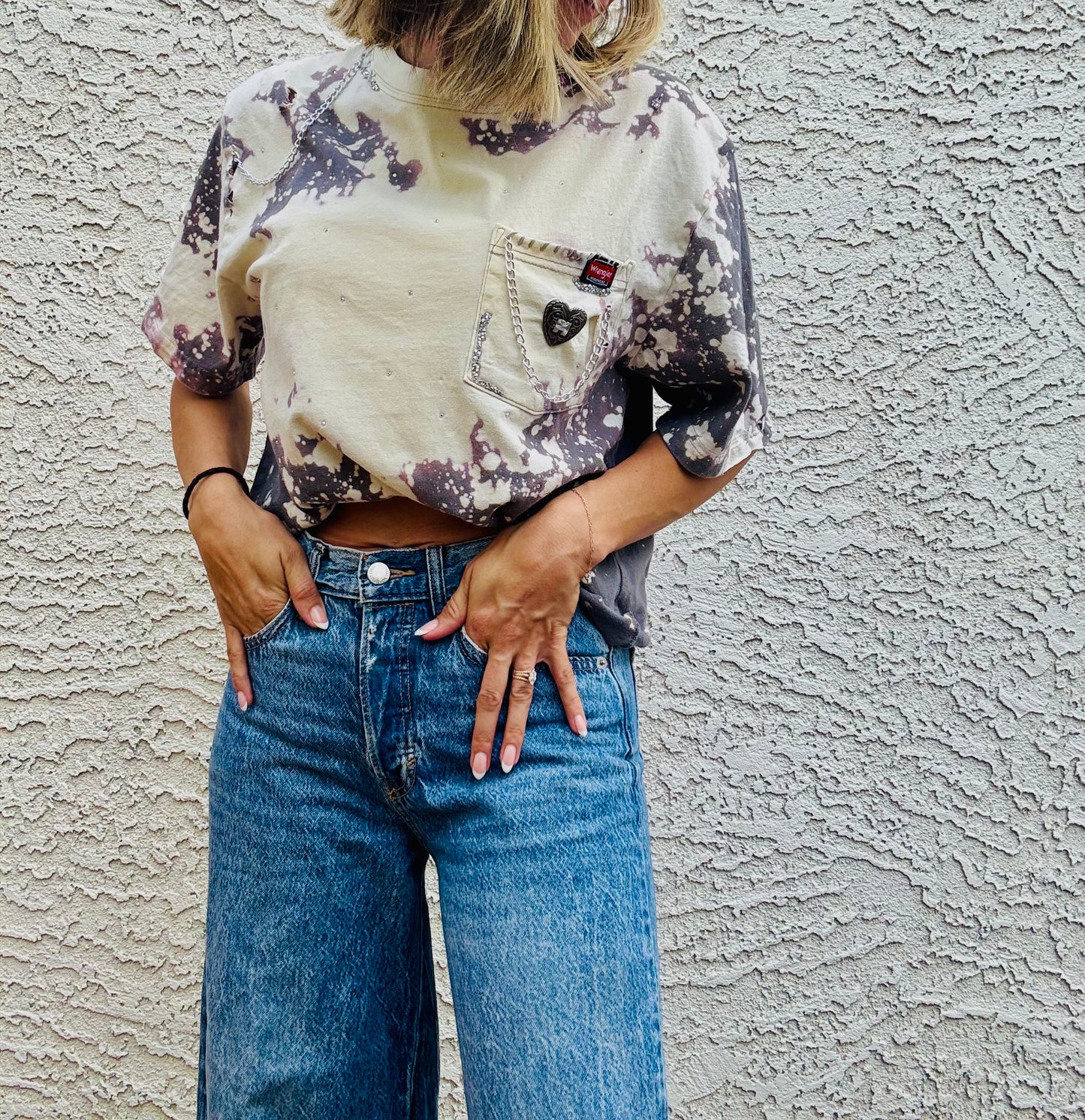 NUM-stitched wranglin concho+ grey with hues of pink+purple Tshirt MEDIUM