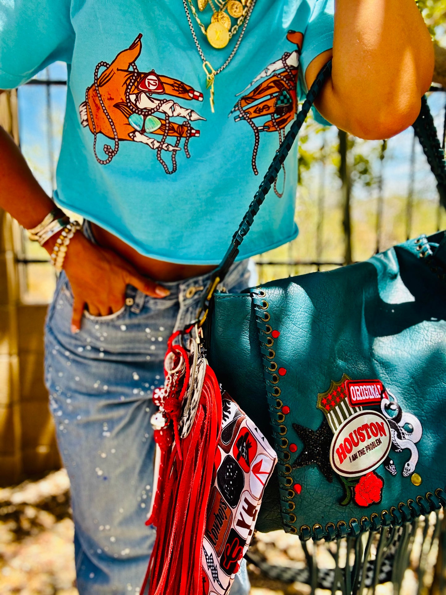 SAT-HOUSTON IM THW PROBLEM PRETTY AND EDGY- HANDMADE GENUINE COWHIDE CACTUS FRINGE- crossbody strap included** The Jerome**