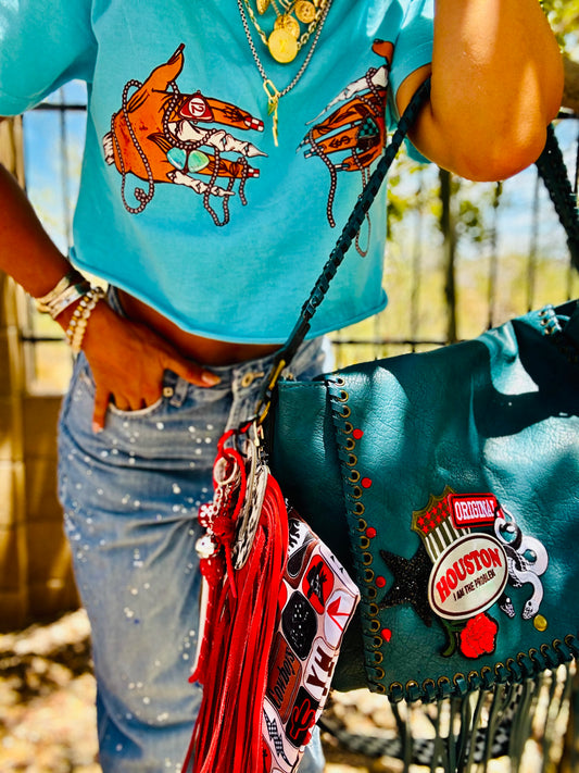 SAT-HOUSTON IM THW PROBLEM PRETTY AND EDGY- HANDMADE GENUINE COWHIDE CACTUS FRINGE- crossbody strap included** The Jerome**