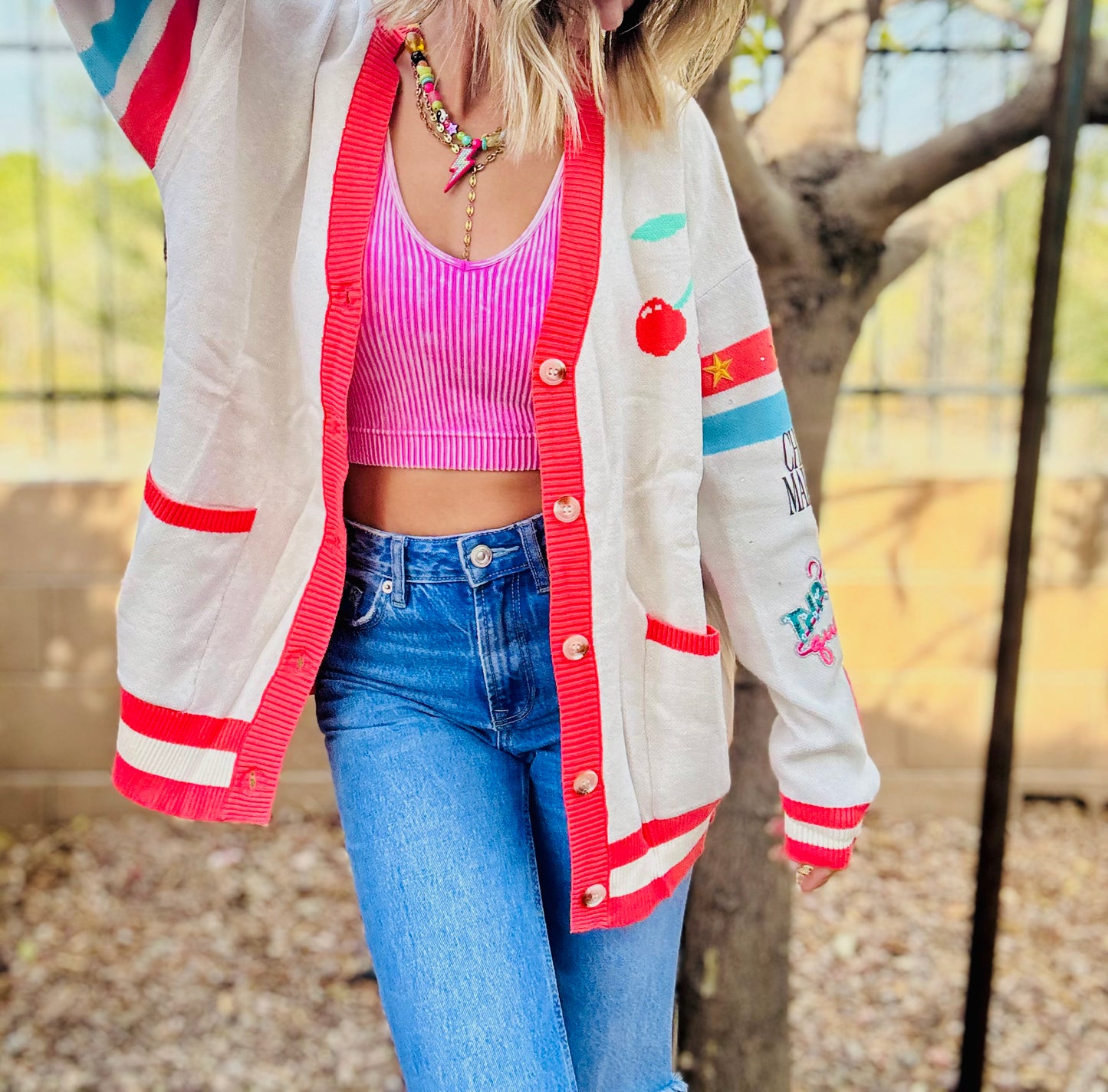 NC-CHERRY BOMBER CARDIGAN +thrift queen smiley + MEDIUM