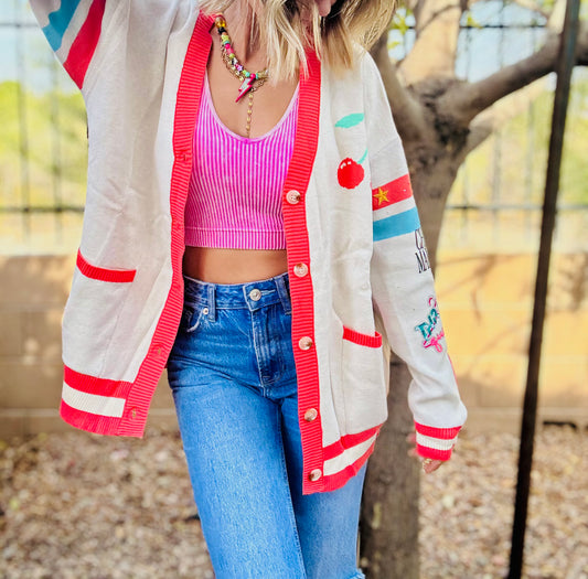 NC-CHERRY BOMBER CARDIGAN +thrift queen smiley + MEDIUM