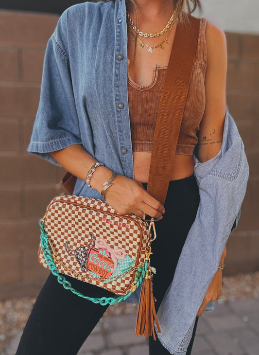 FC-western Bull skull teal -tan checkered OG *Page Bag* Dual straps