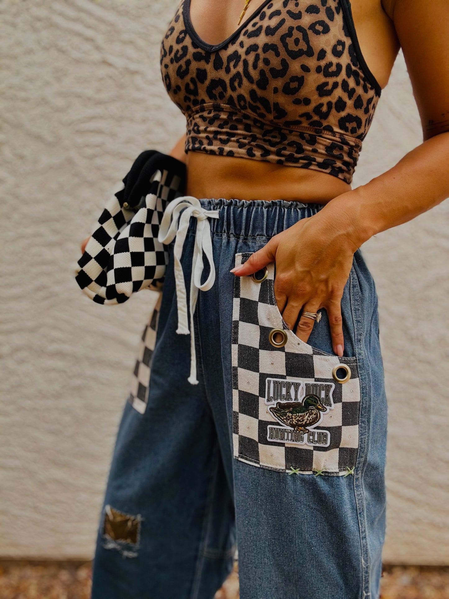 AUG- LUCKY DUCK CAMO REWORK WIDE LEG LIGHT DENIM- SIZE MEDIUM ELASTIC WAIST BAND AND DRAW STRING