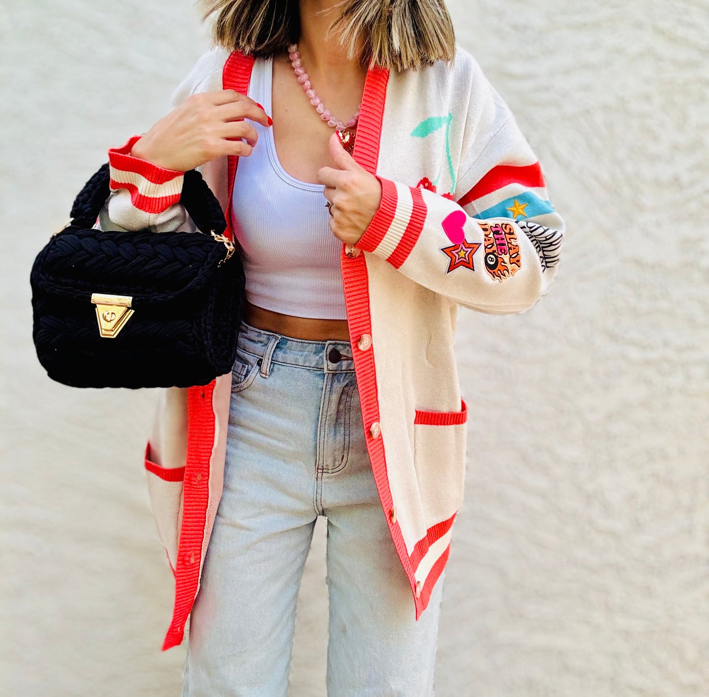 BBH-CHERRY BOMBER CARDIGAN + slay the day retro babe  +￼ CM CO. babes