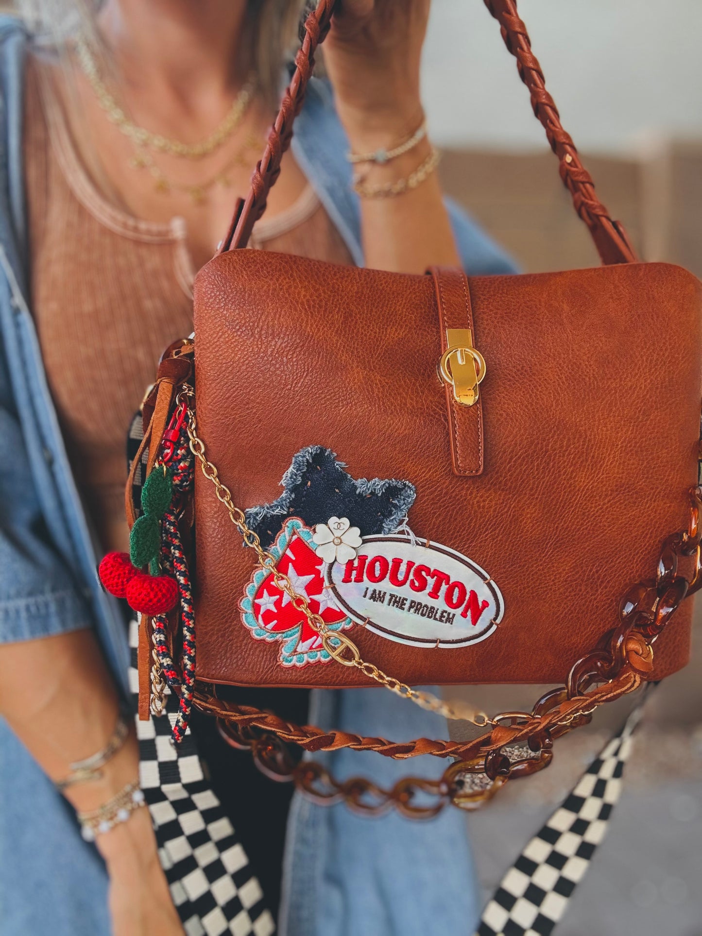 FC-Houston I’m the problem+ UPCYCLED AUTHENTIC BUTTON denim star+ genuine elk Hyde leather braid+deep Carmel ￼ *TOMBSTONE*