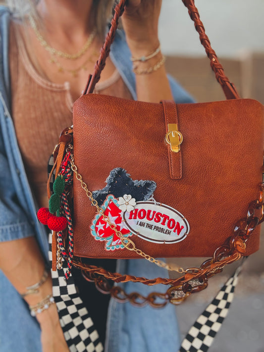 FC-Houston I’m the problem+ UPCYCLED AUTHENTIC BUTTON denim star+ genuine elk Hyde leather braid+deep Carmel  *TOMBSTONE*