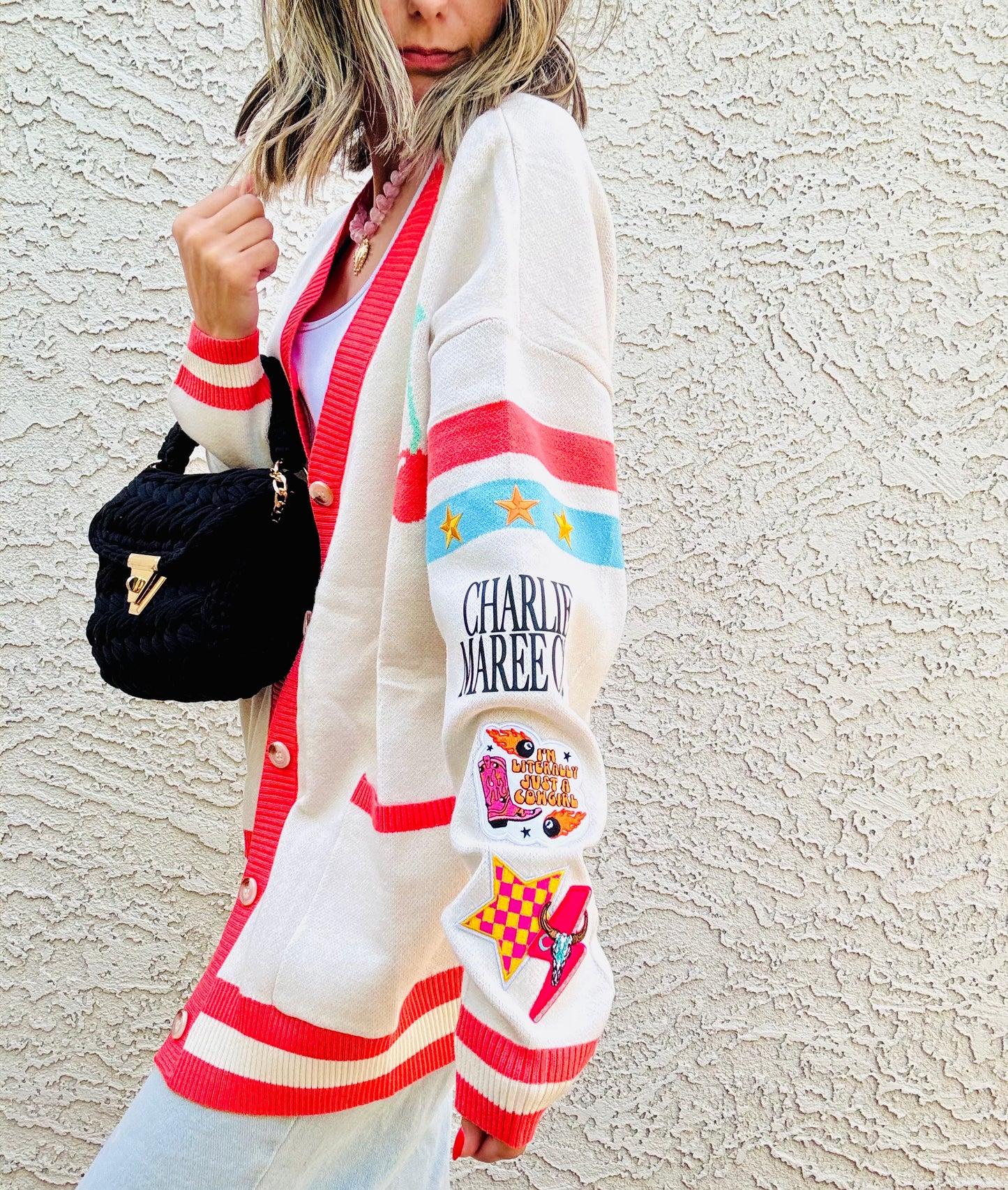 BBH-CHERRY BOMBER CARDIGAN + i’m literally just a cowgirl, pink bull skull+￼ CM CO. babes