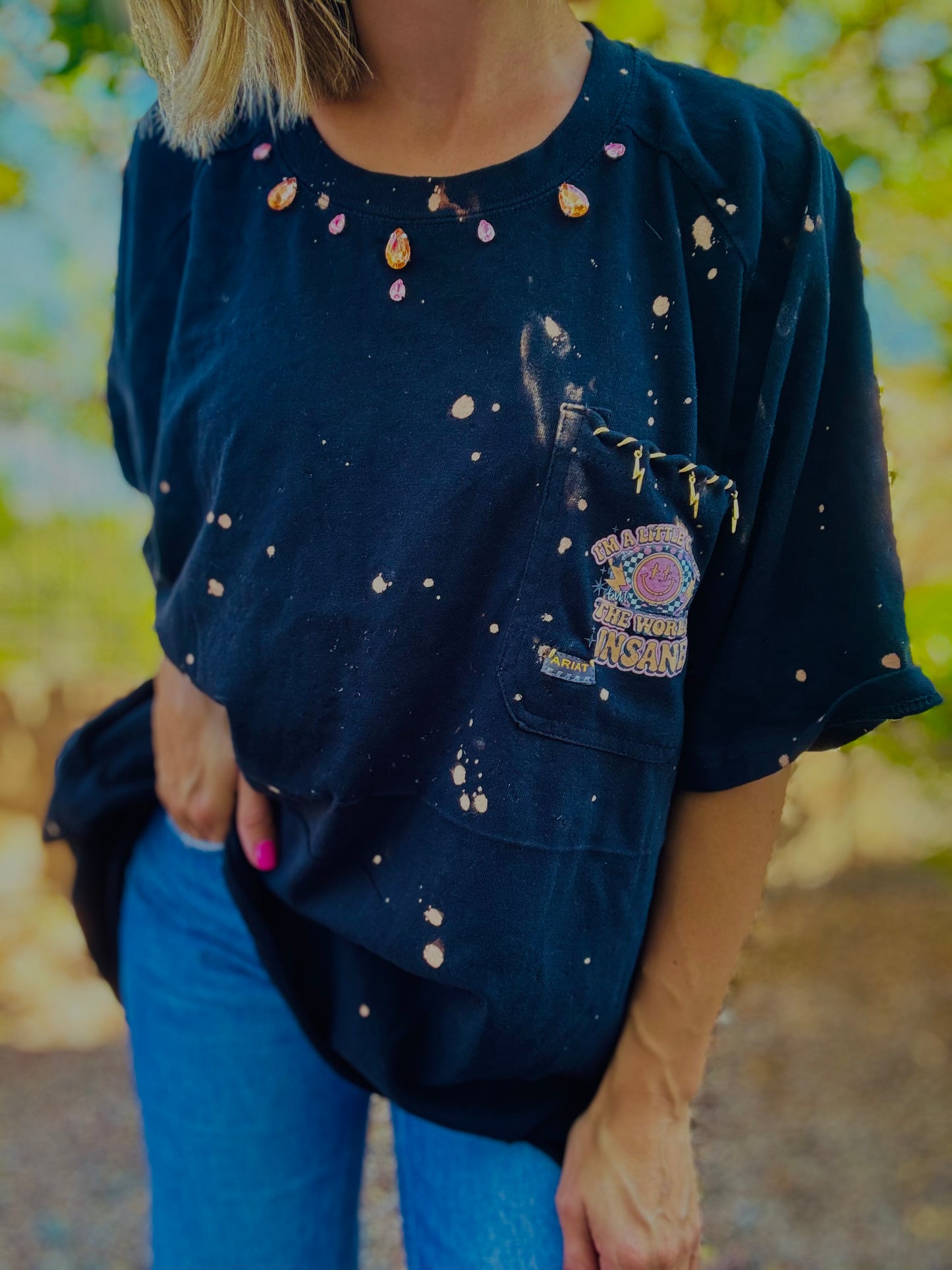 TEE-RHINESTONE I’m a little crazy but the worlds insane  - slit 1/2 back chain work rhinestoned collar lightning bolt charm pocket stitched rhinestones HUSBAND POCKET TEE XL