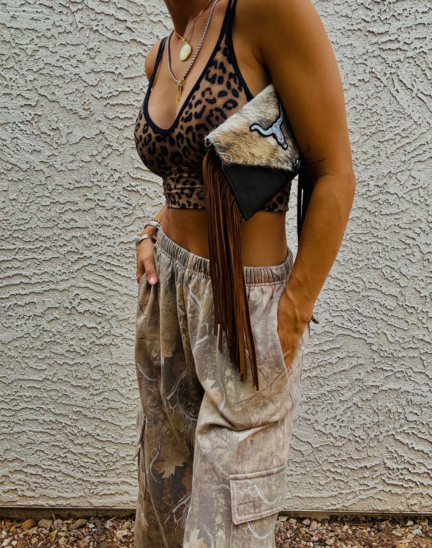 AUGBAG- GENUINE COWHIDE HAIR ON CLUTCH WRISTLET + FRINGE BAG- REAL AUTHENTIC WITH steer patchwork hand stitched teal sides and vintage button accent