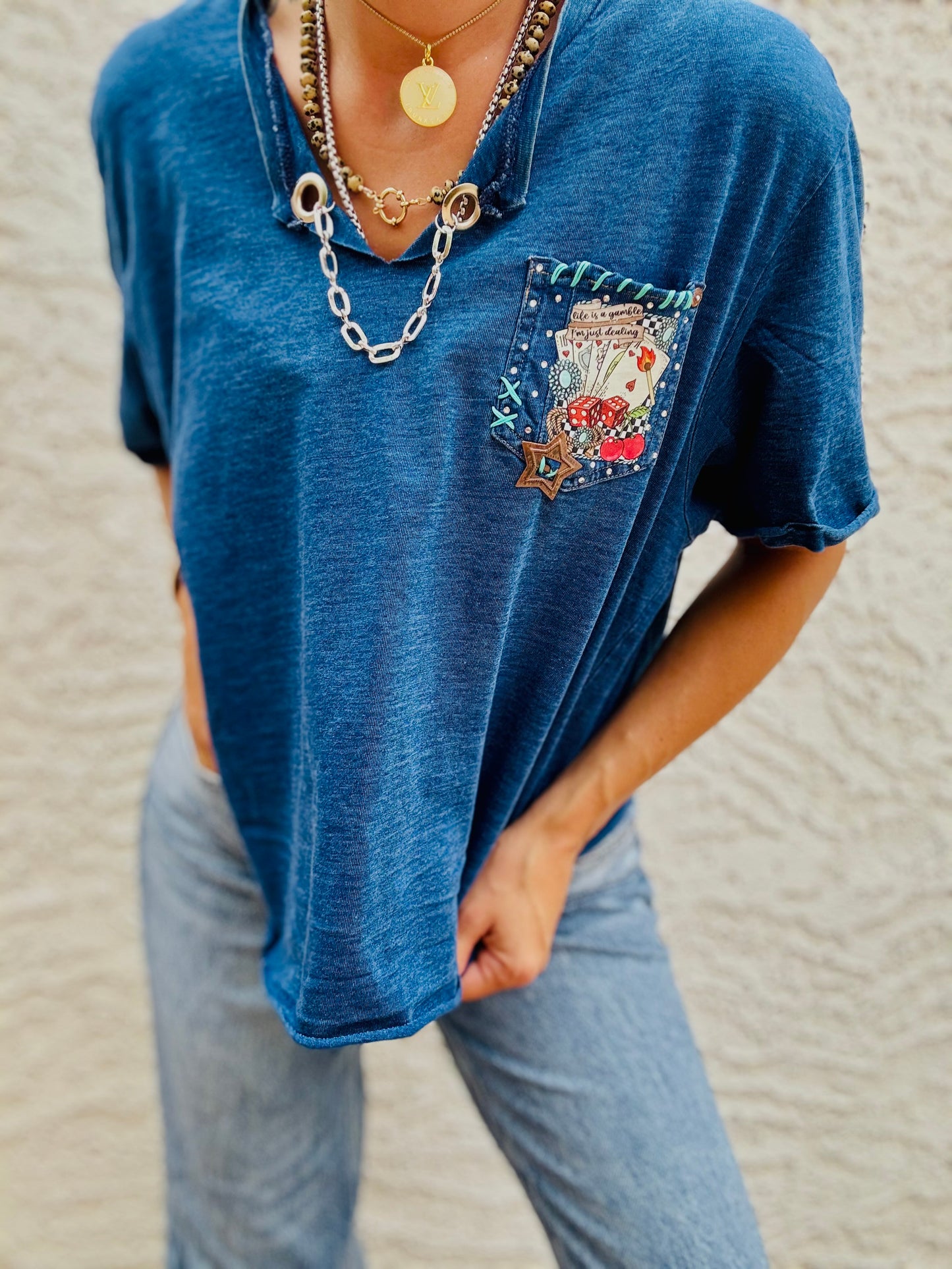 TEE-denim blue life’s a gamble HUSBAND POCKET SHIRT - XL FITS LIKE LARGE