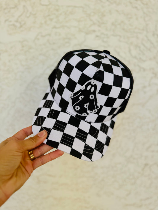 MD- floral Ghostie - full canvas checkered panel trucker SnapBack