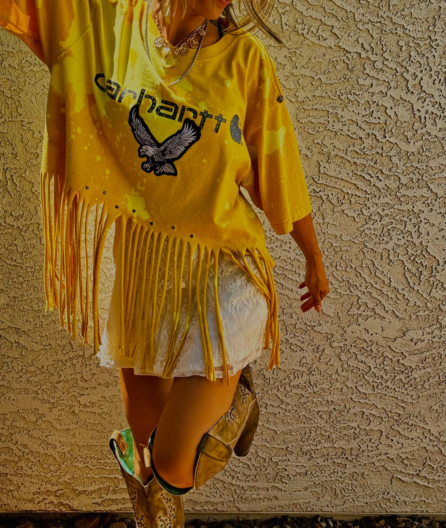 TEE-sunshine blue collar baddie  - DAD TEE MENS LARGE handmade fringe