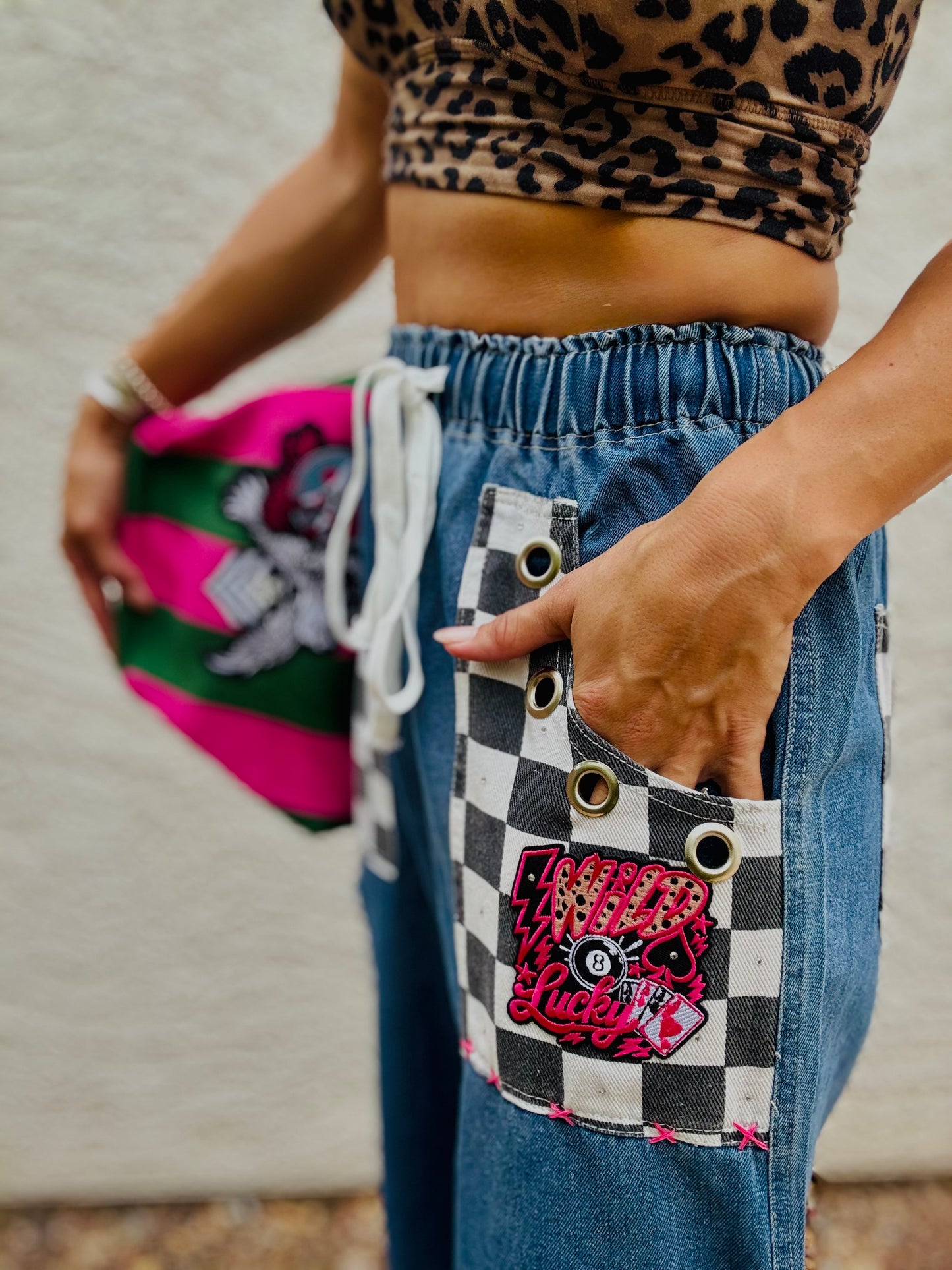AUG- WILD LUCKY PINK CAMO LACE REWORK WIDE LEG LIGHT DENIM- SIZE MEDIUM ELASTIC WAIST BAND AND DRAW STRING