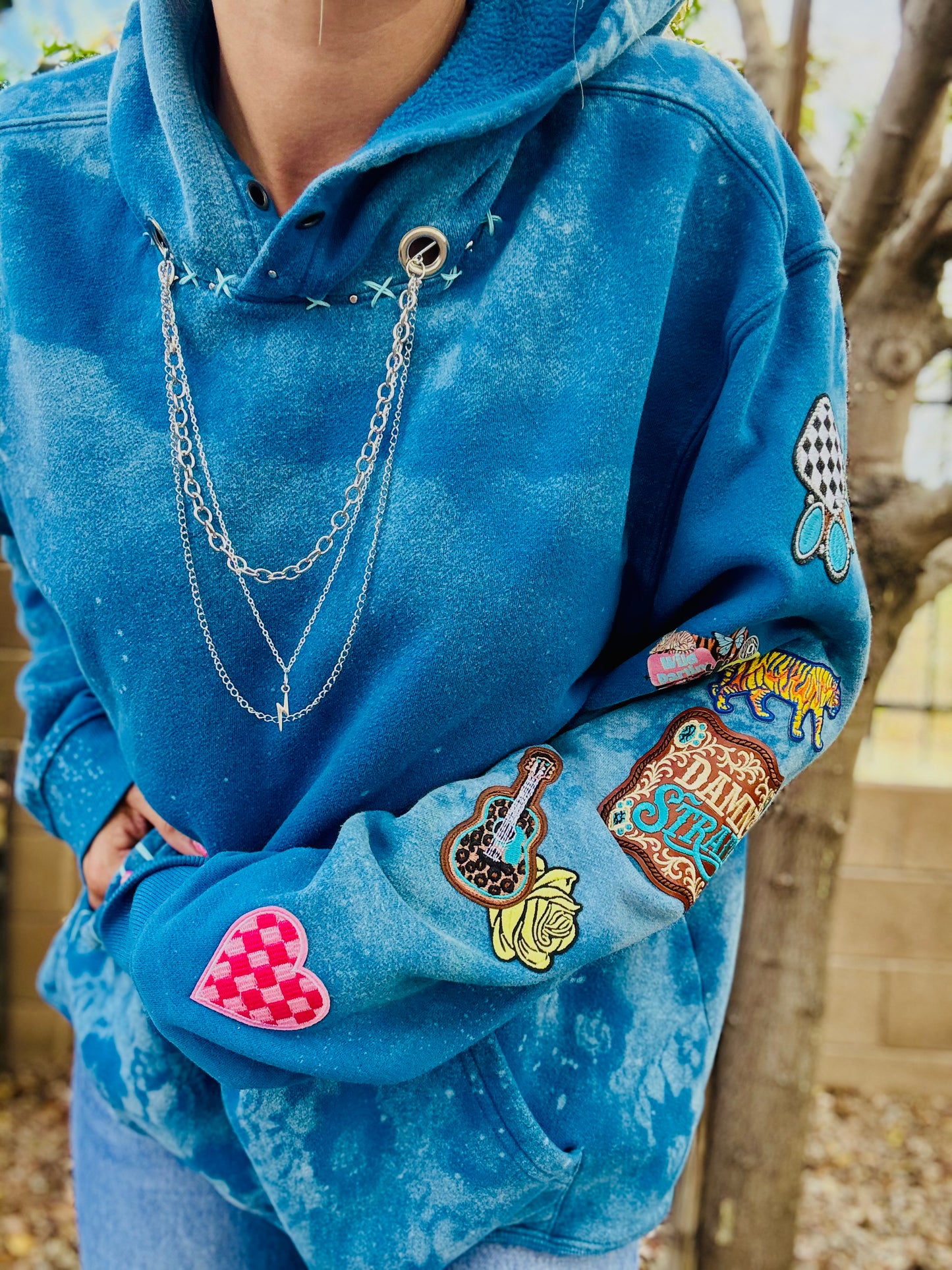 CD- NECKLACE Hoodie blue patched arm  - lace vintage wash+ Men’s unisex size LARGE - Cut off bottom band hem