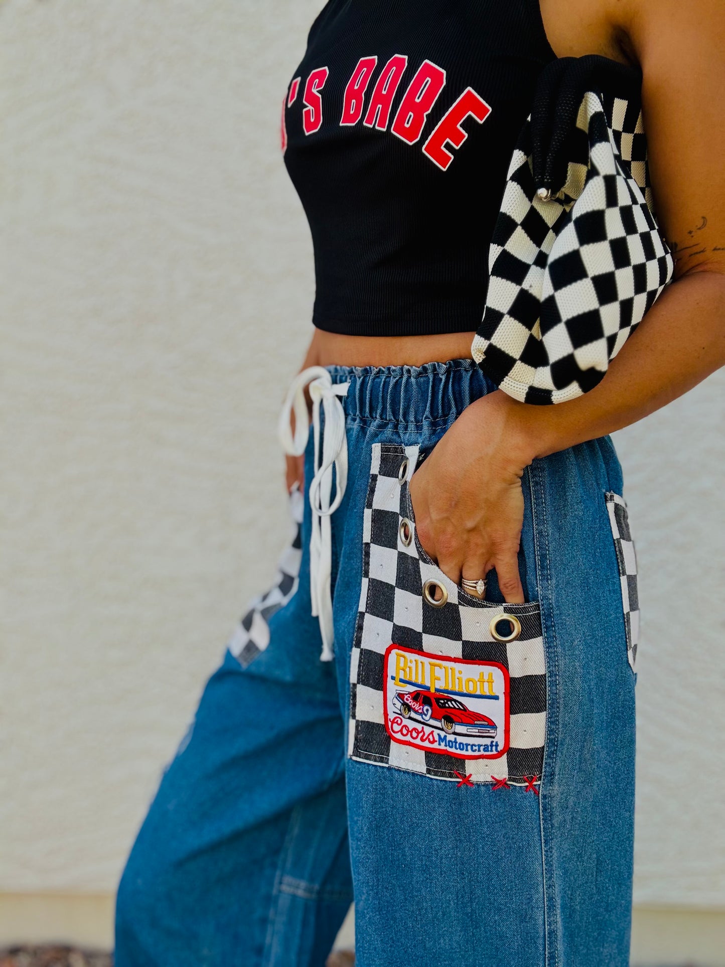 AUG- VINTAGE RACE LACE AND BANDANA REWORK WIDE LEG LIGHT DENIM- SIZE MEDIUM ELASTIC WAIST BAND AND DRAW STRING