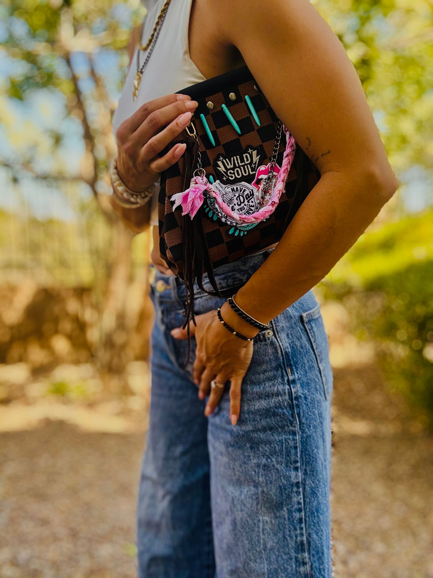UM-DAY YOU DESERVE WILD SOUL  STITCHED TURQUOISE CHECKERED BLACK AND BROWN +** LIZZIE KISS CLUTCH￼**