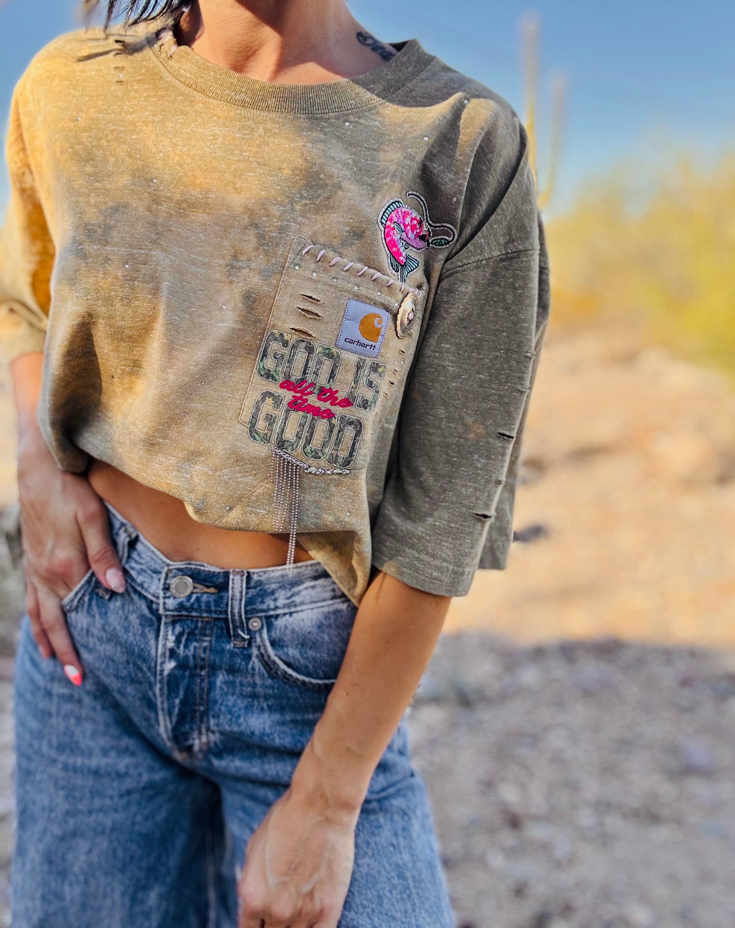 HD-bass fish god is good camo   - sage DISTRESSED POCKET SHIRT - MENS LARGE CUT