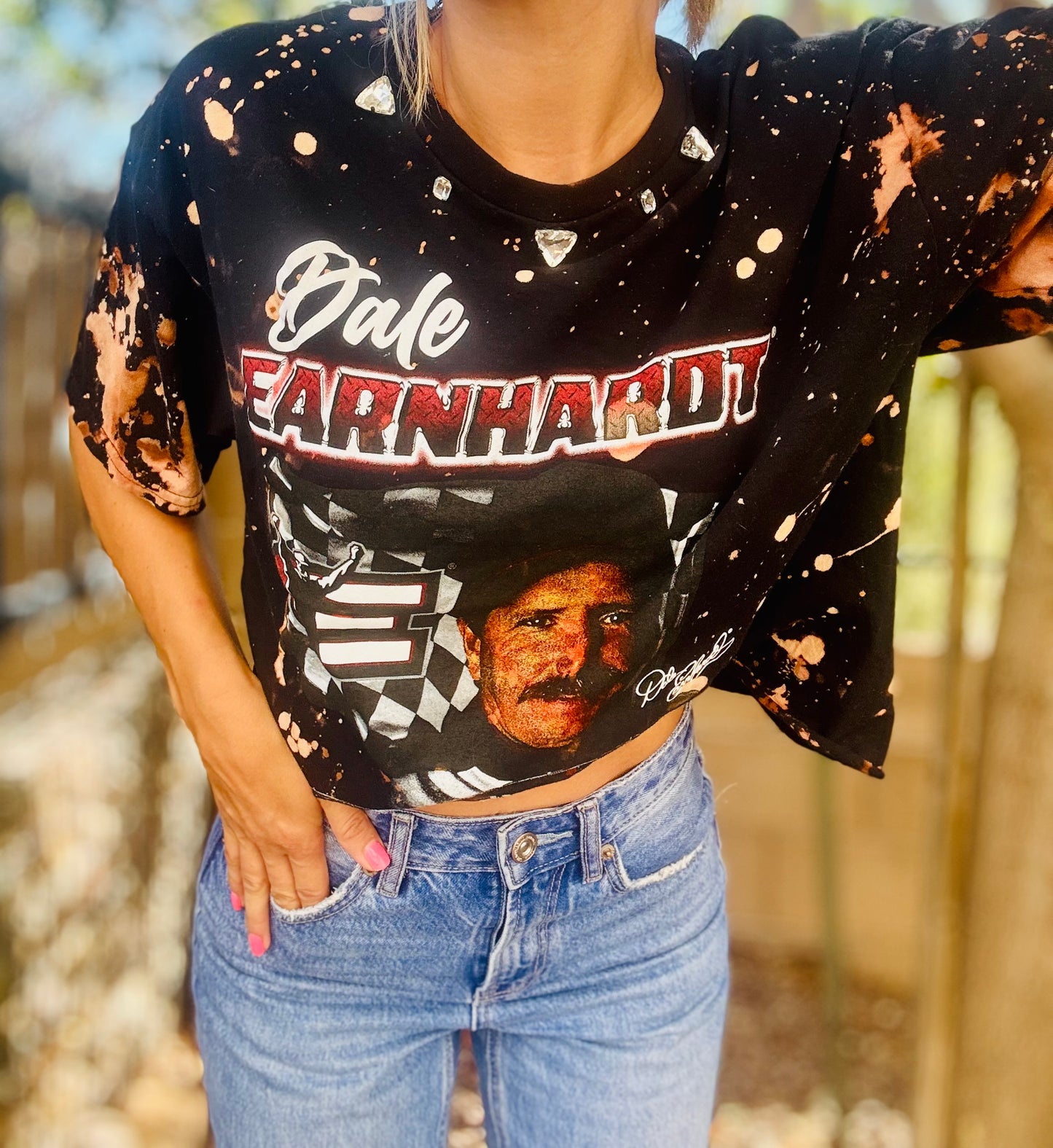 TEE-rhinestones dale - DAD TEE slit 1/2 back chain work rhinestones collar LARGE cropped