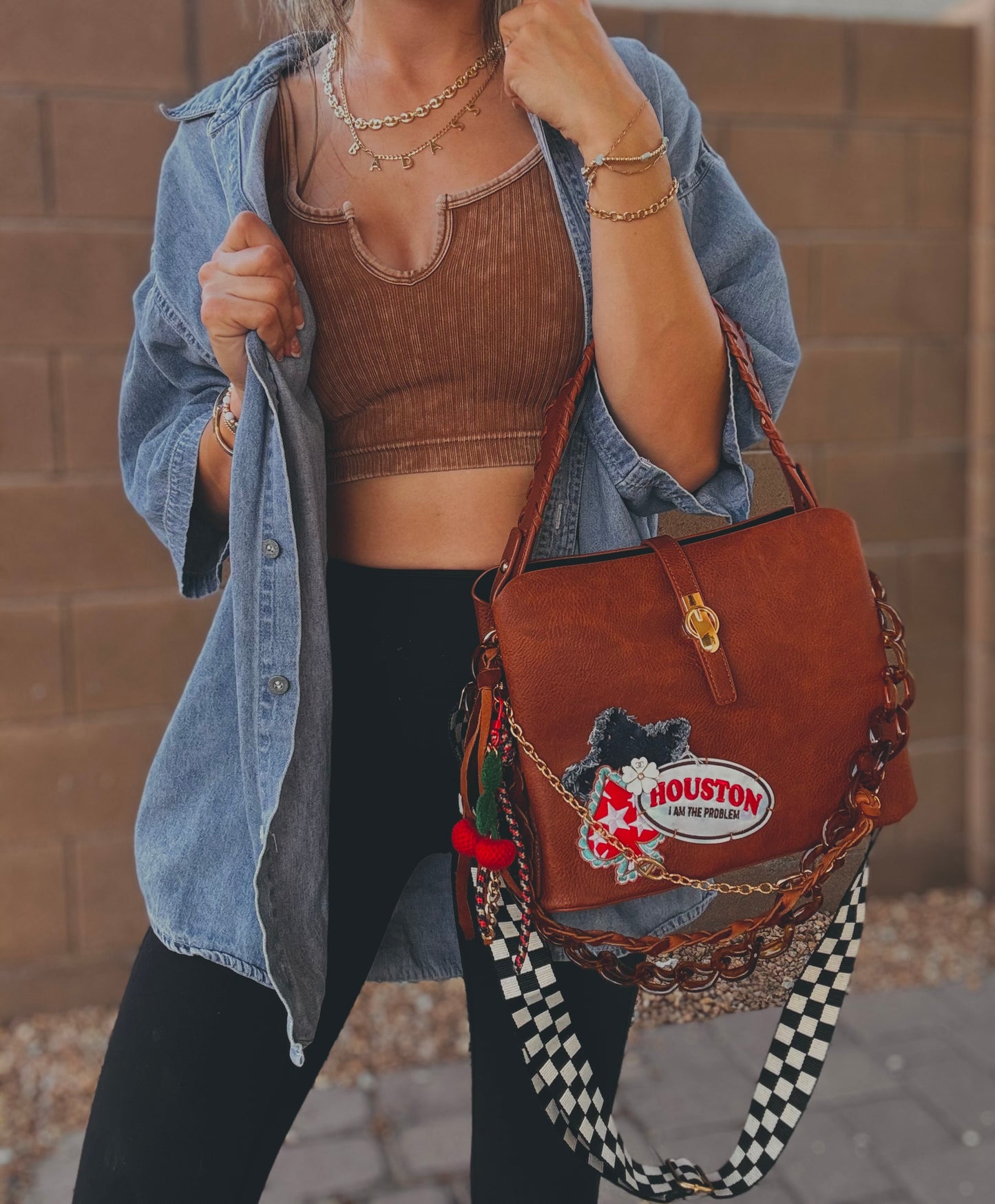 FC-Houston I’m the problem+ UPCYCLED AUTHENTIC BUTTON denim star+ genuine elk Hyde leather braid+deep Carmel ￼ *TOMBSTONE*