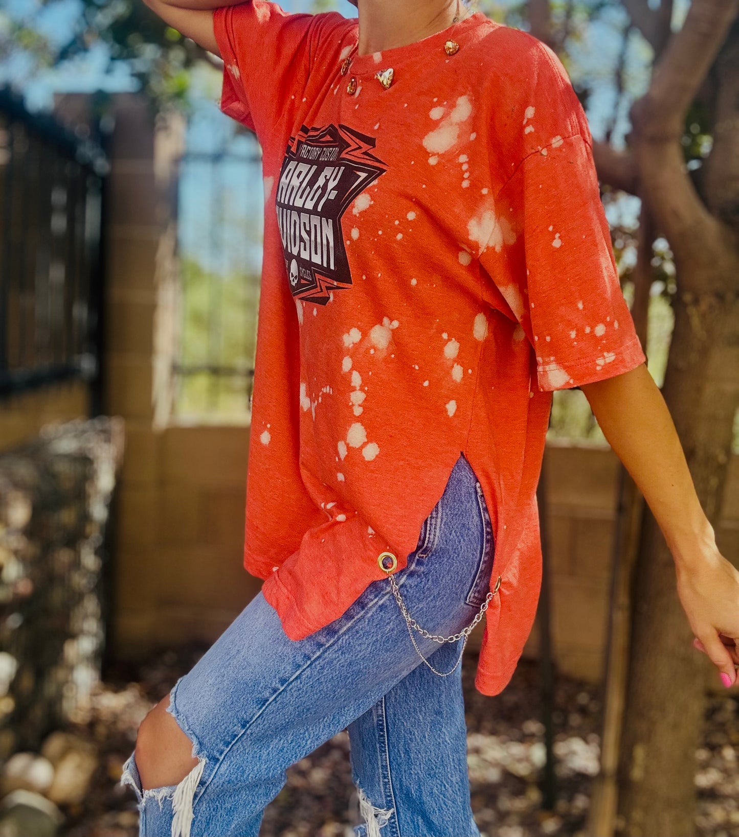 TEE-rhinestones baseball bike babe - DAD TEE slit back chain work rhinestones collar XL
