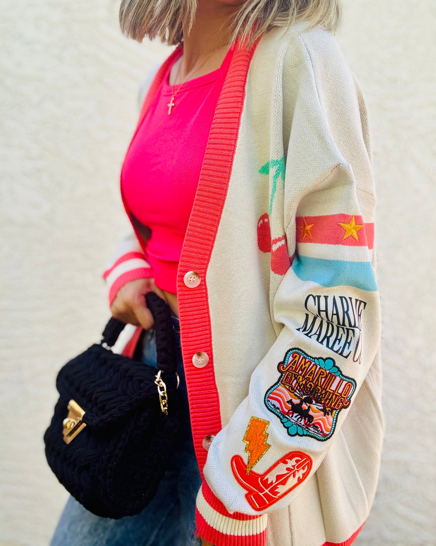 BBH-CHERRY BOMBER CARDIGAN +Amarillo by morning +￼ CM CO. babes