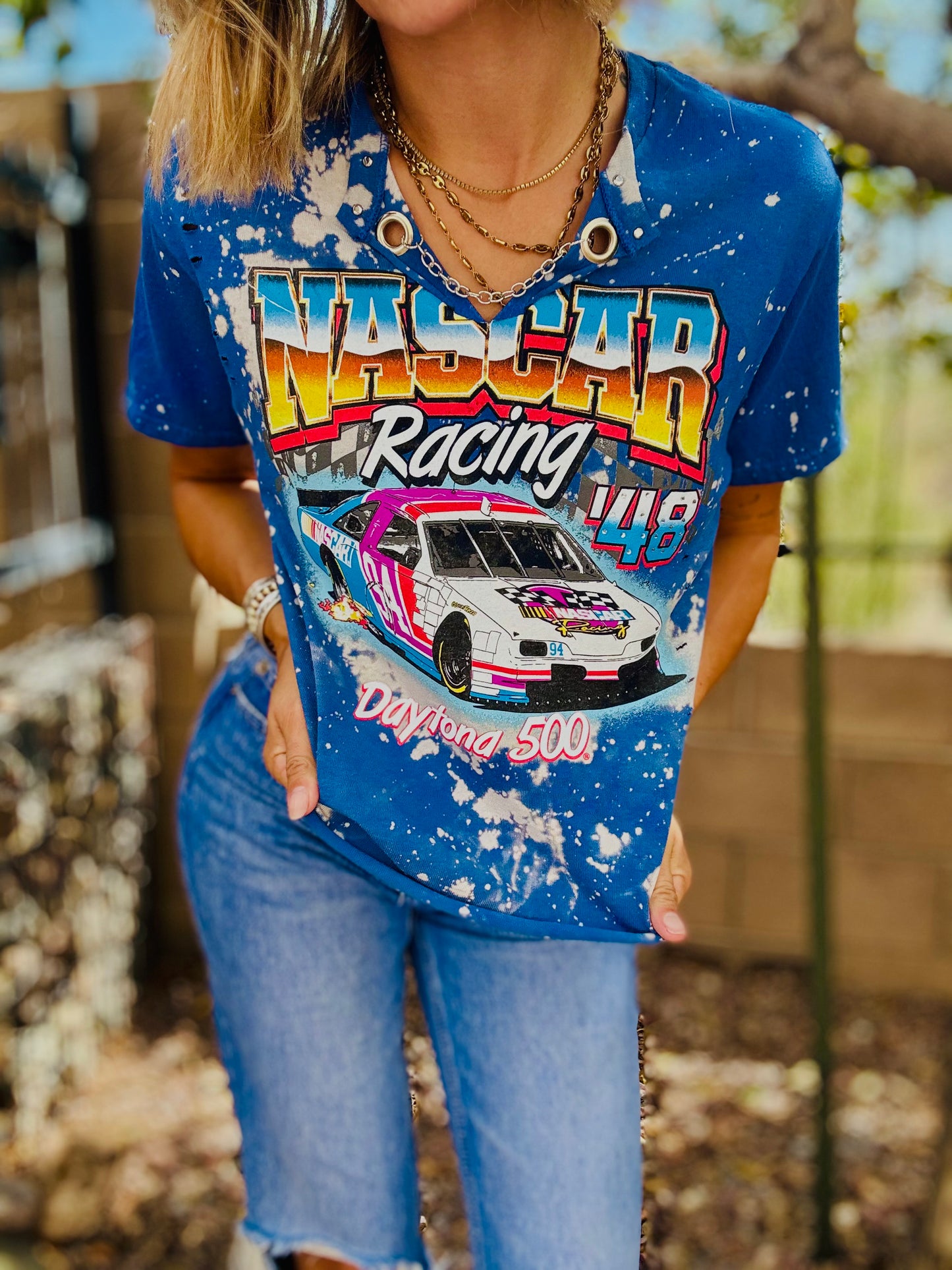 TEE- blue vintage race day  +DAD TEE small  cut off bottom chain collar