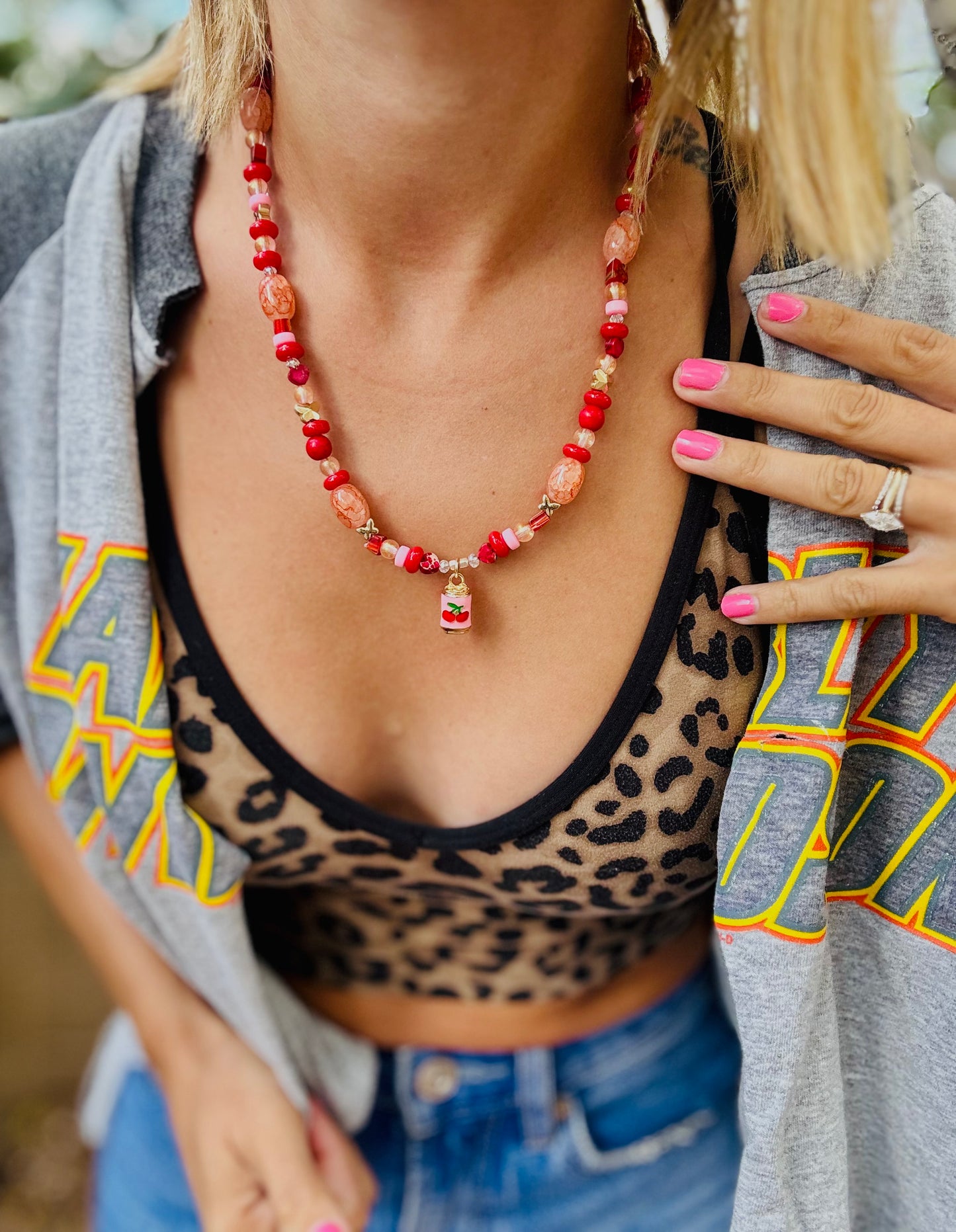 NC-cherry soda pink and peach +Handmade chunky beaded necklace
