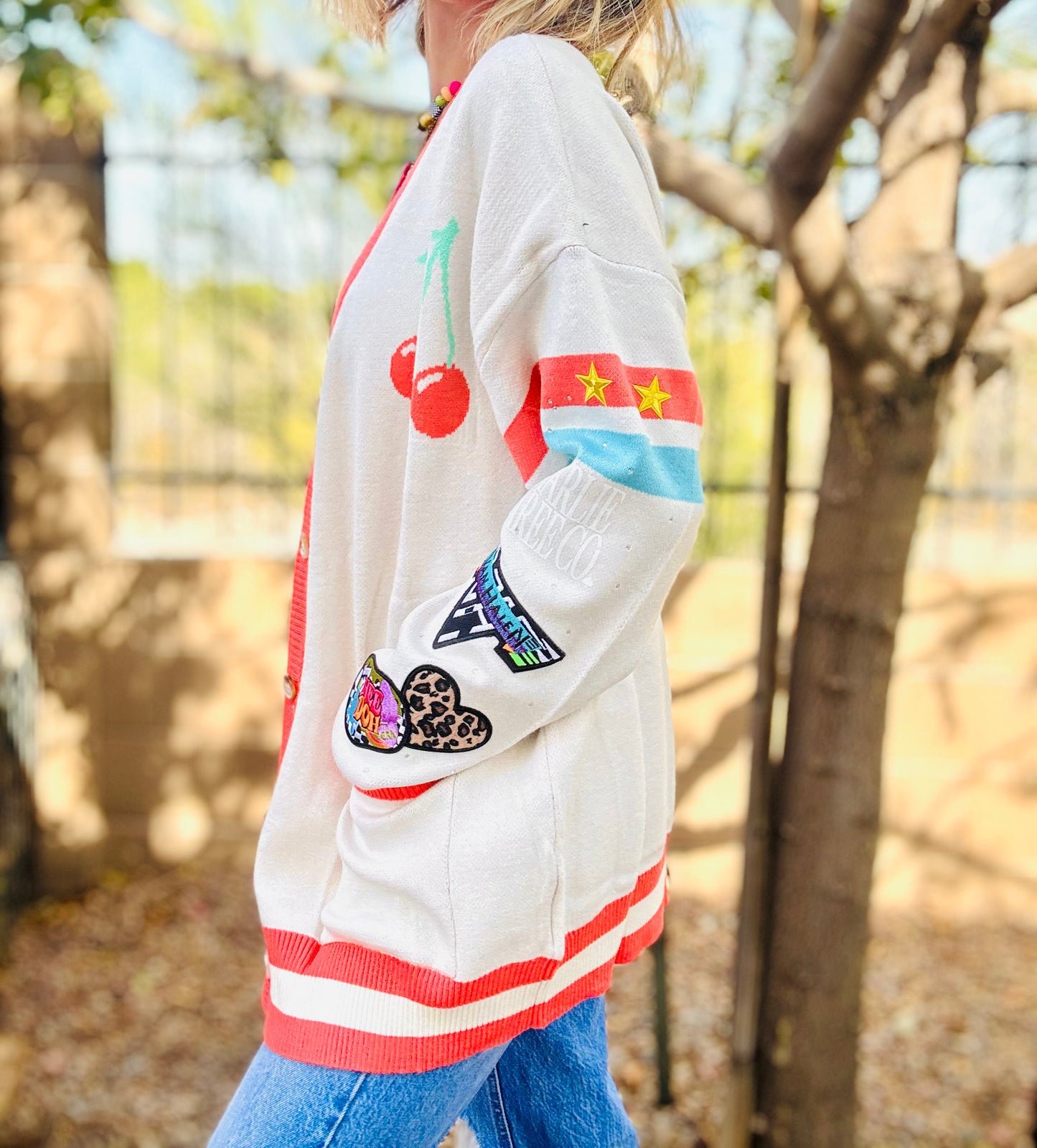 NC-CHERRY BOMBER CARDIGAN + retro band babe +MEDIUM