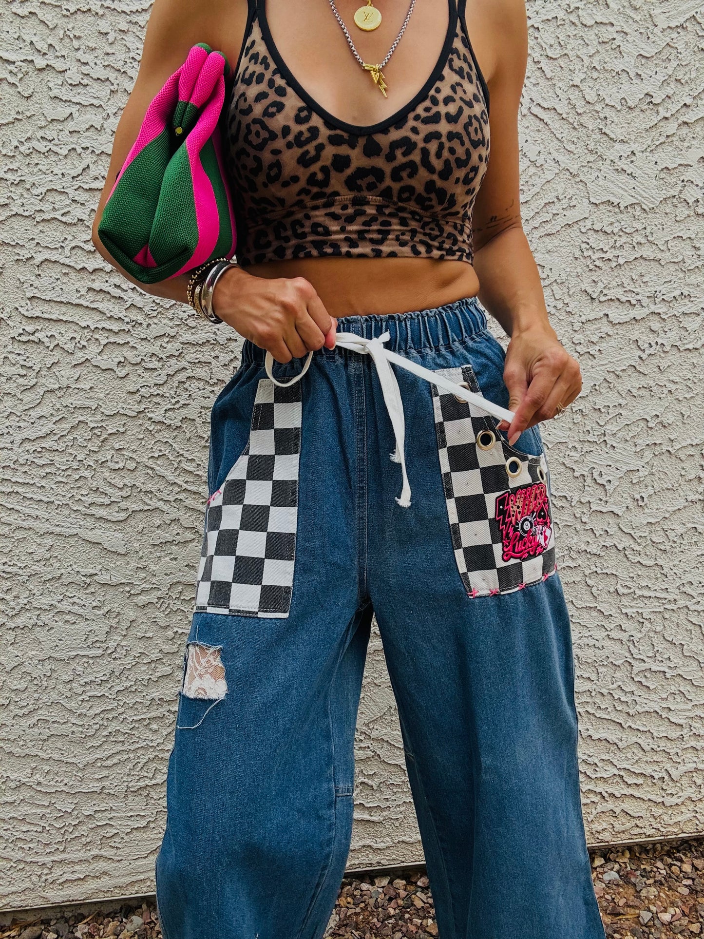 AUG- WILD LUCKY PINK CAMO LACE REWORK WIDE LEG LIGHT DENIM- SIZE MEDIUM ELASTIC WAIST BAND AND DRAW STRING
