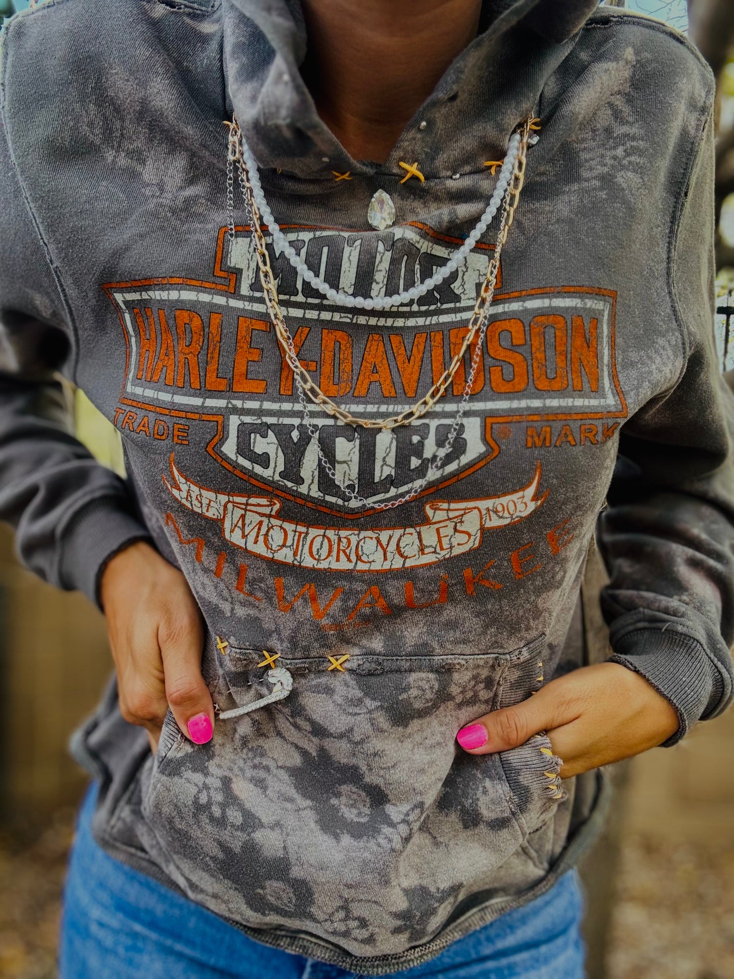 CD- NECKLACE HOODIE ORANGE AND GREY BIKE BABE  COLLAGE BABE  - lace vintage wash+ WOMENS unisex size SMALL- Cut off bottom band hem
