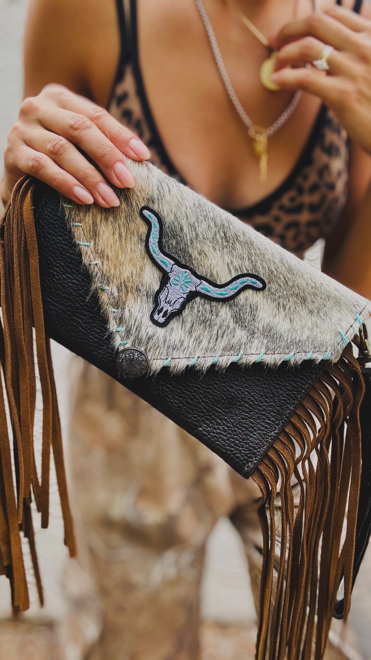 AUGBAG- GENUINE COWHIDE HAIR ON CLUTCH WRISTLET + FRINGE BAG- REAL AUTHENTIC WITH steer patchwork hand stitched teal sides and vintage button accent