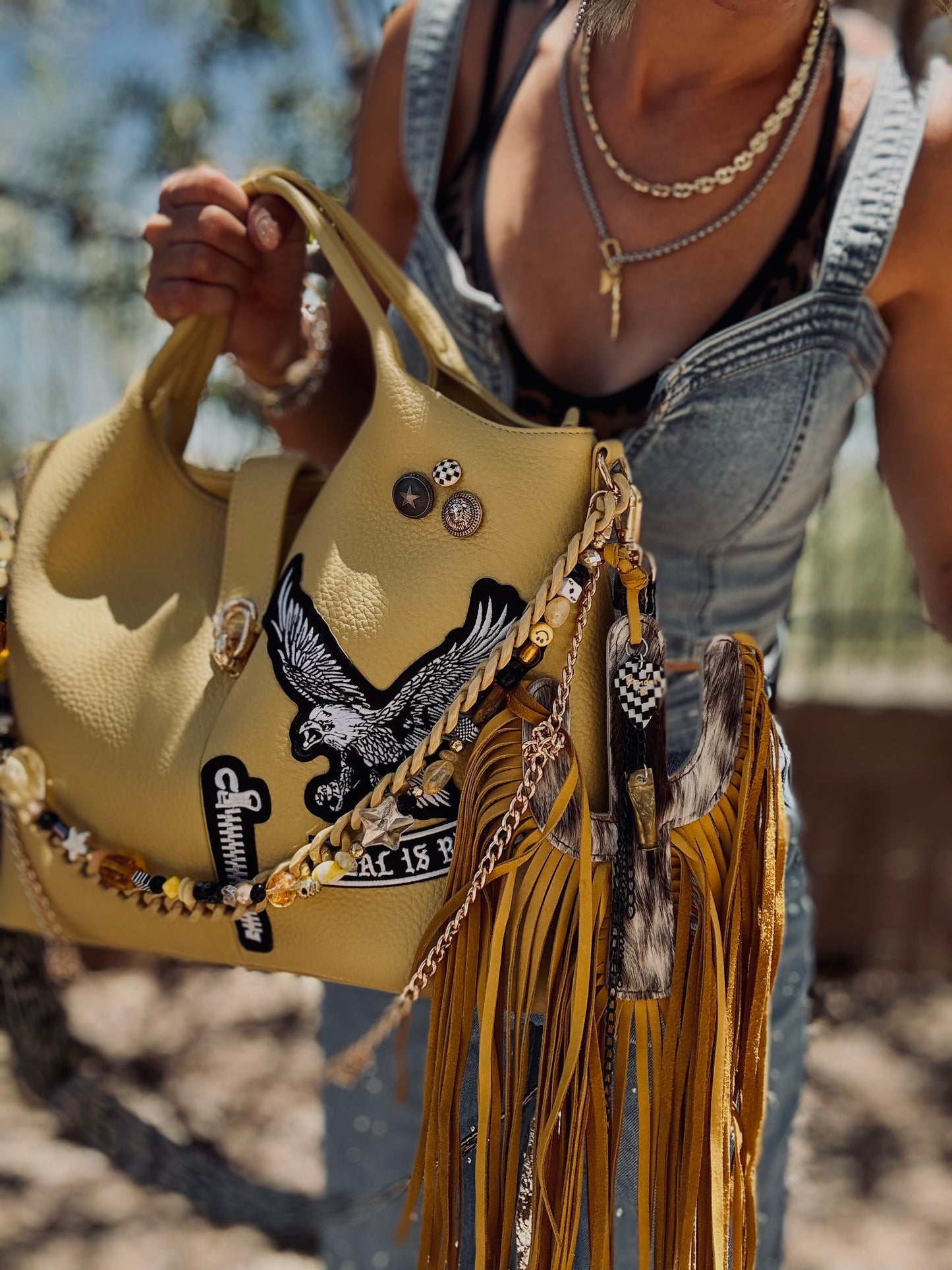 RG- GOLDEN SUN REAL IS RARE EAGLE - HANDMADE BEAX CHAIN + HANDMADE GENUINE COWHIDE BAG CHARM+ TUCSON ￼** multi straps