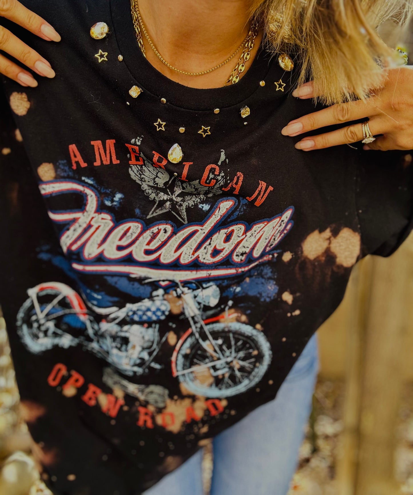 TEE-AMERICAN BIKE  BEADED COLLAR VINTAGE GREY +DAD TEE XL  cut off bottom