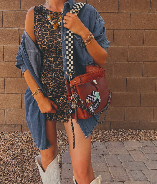 LF- skull cowboy turquoise and checkered UPCYCLED buffalo BUTTON+ upgraded strap *TOMBSTONE*