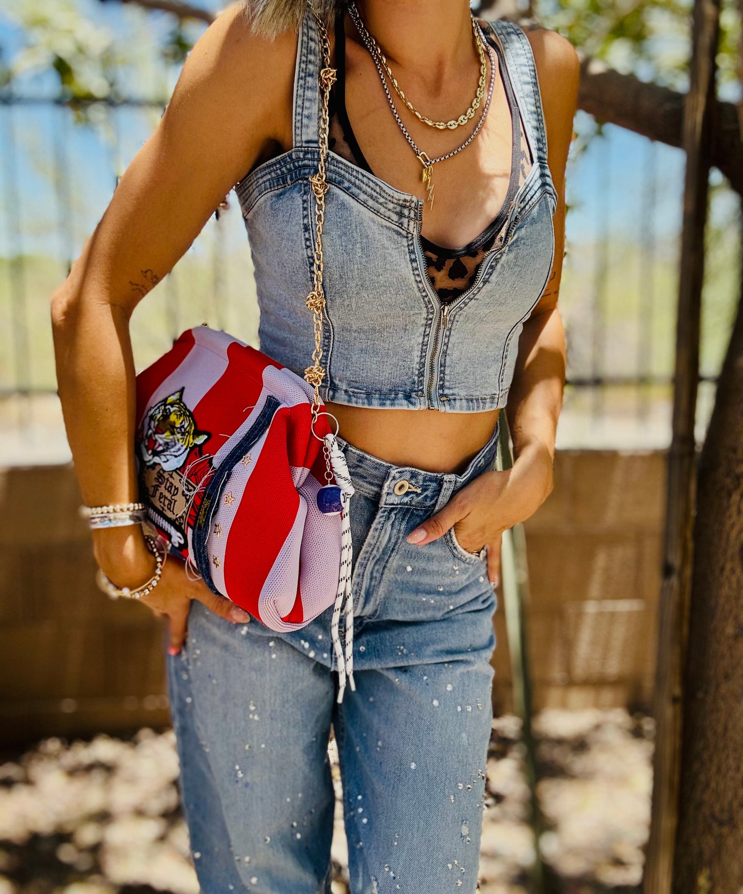 RG-stay feral- denim stitch work +** lavender and red stripe LIZZIE KISS CLUTCH￼** WITH STRAP